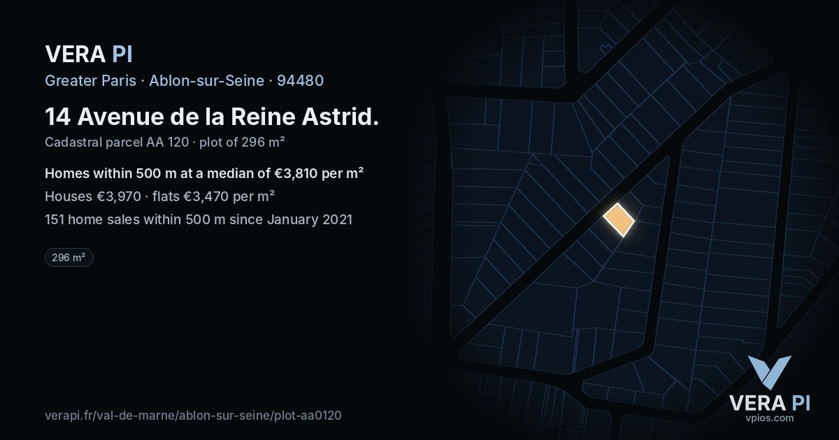 14 Avenue de la Reine Astrid, Ablon-sur-Seine at night – the plot lit, the parcels around coloured by the prices near them