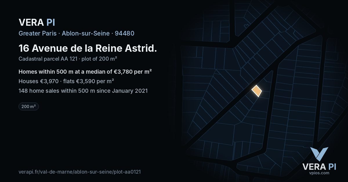 16 Avenue de la Reine Astrid, Ablon-sur-Seine at night – the plot lit, the parcels around coloured by the prices near them