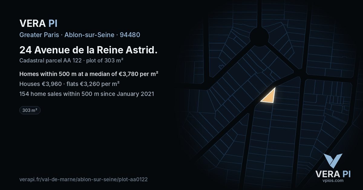 24 Avenue de la Reine Astrid, Ablon-sur-Seine at night – the plot lit, the parcels around coloured by the prices near them