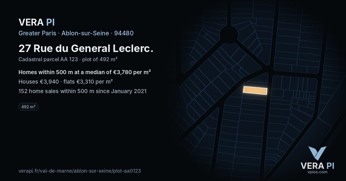 27 Rue du General Leclerc, Ablon-sur-Seine at night – the plot lit, the parcels around coloured by the prices near them