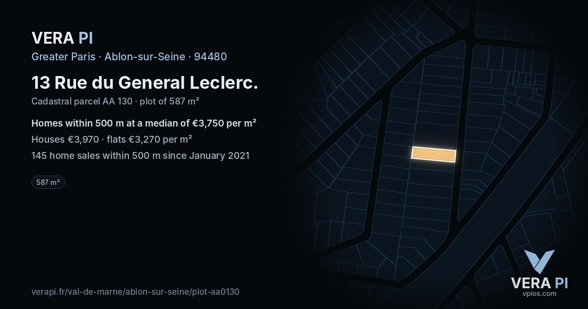 13 Rue du General Leclerc, Ablon-sur-Seine at night – the plot lit, the parcels around coloured by the prices near them