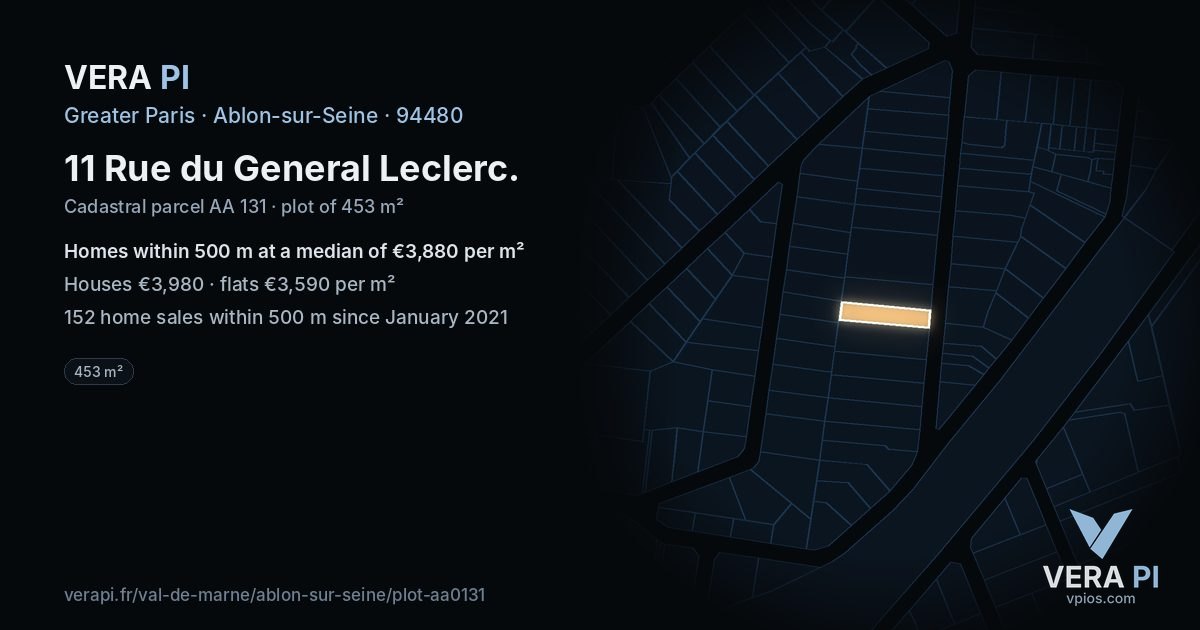 11 Rue du General Leclerc, Ablon-sur-Seine at night – the plot lit, the parcels around coloured by the prices near them