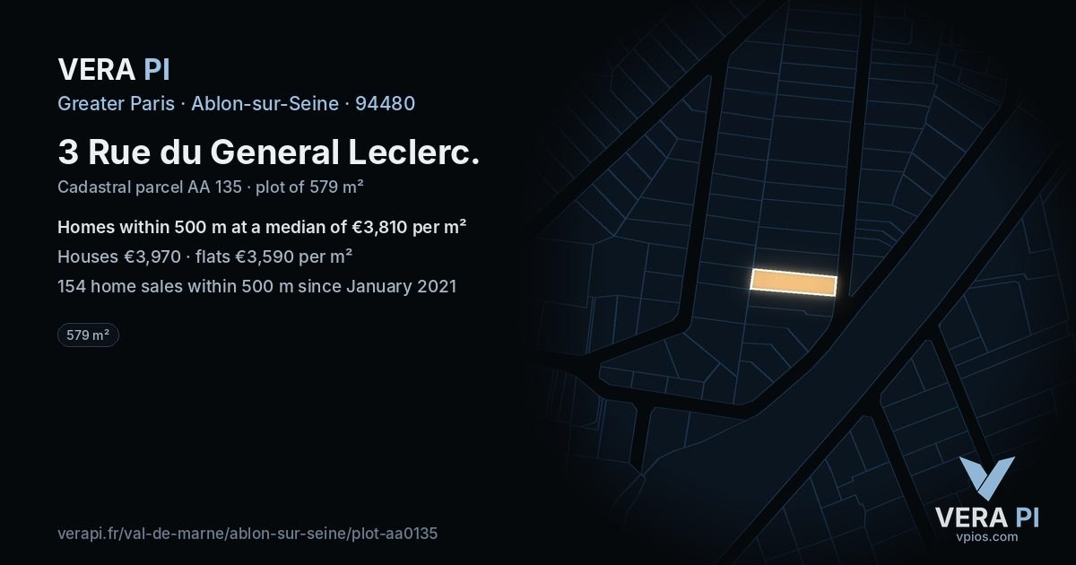 3 Rue du General Leclerc, Ablon-sur-Seine at night – the plot lit, the parcels around coloured by the prices near them