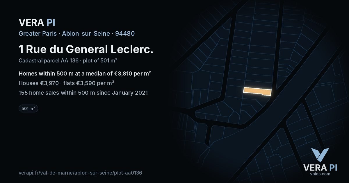 1 Rue du General Leclerc, Ablon-sur-Seine at night – the plot lit, the parcels around coloured by the prices near them