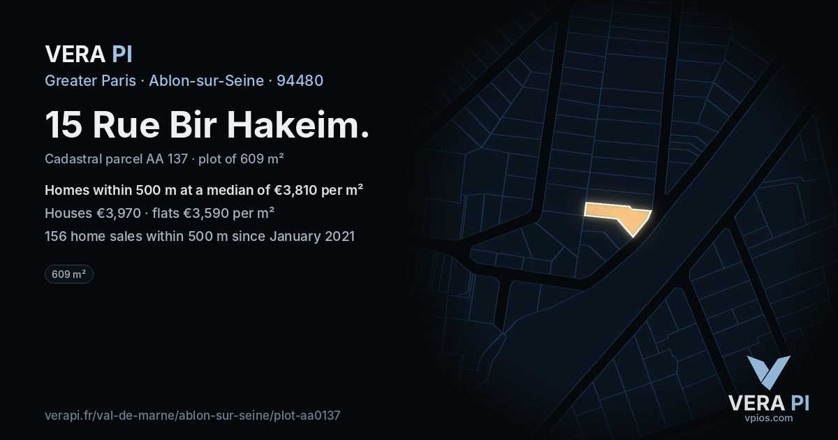 15 Rue Bir Hakeim, Ablon-sur-Seine at night – the plot lit, the parcels around coloured by the prices near them