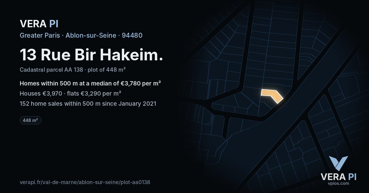 13 Rue Bir Hakeim, Ablon-sur-Seine at night – the plot lit, the parcels around coloured by the prices near them