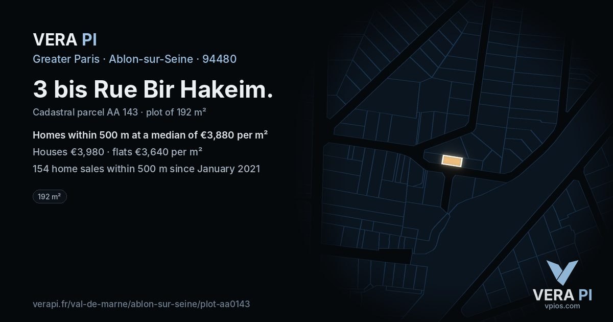 3 bis Rue Bir Hakeim, Ablon-sur-Seine at night – the plot lit, the parcels around coloured by the prices near them