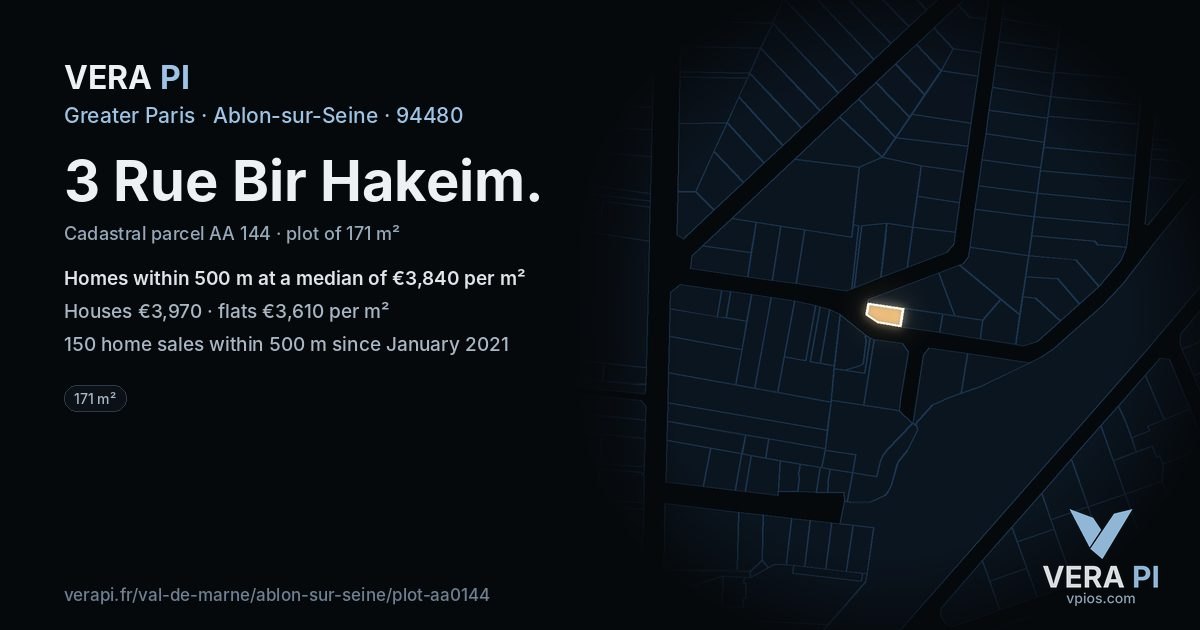 3 Rue Bir Hakeim, Ablon-sur-Seine at night – the plot lit, the parcels around coloured by the prices near them