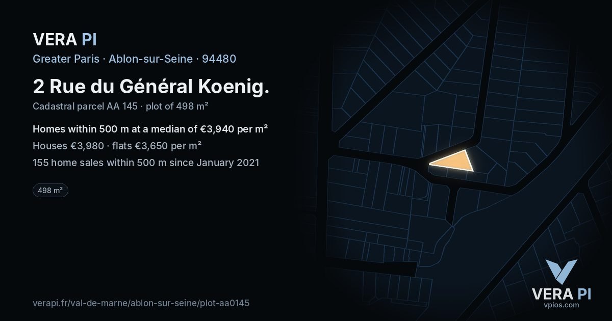 2 Rue du Général Koenig, Ablon-sur-Seine at night – the plot lit, the parcels around coloured by the prices near them