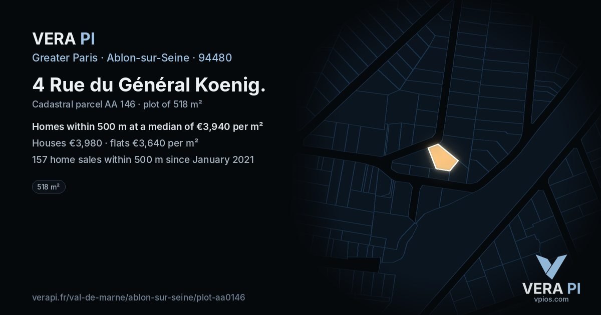 4 Rue du Général Koenig, Ablon-sur-Seine at night – the plot lit, the parcels around coloured by the prices near them