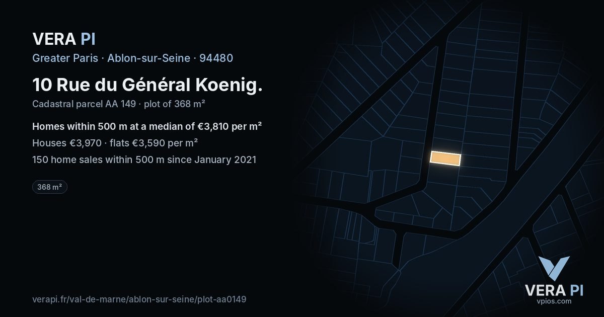 10 Rue du Général Koenig, Ablon-sur-Seine at night – the plot lit, the parcels around coloured by the prices near them