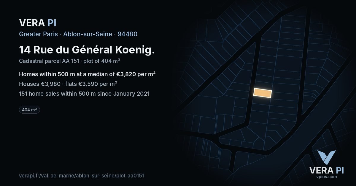 14 Rue du Général Koenig, Ablon-sur-Seine at night – the plot lit, the parcels around coloured by the prices near them