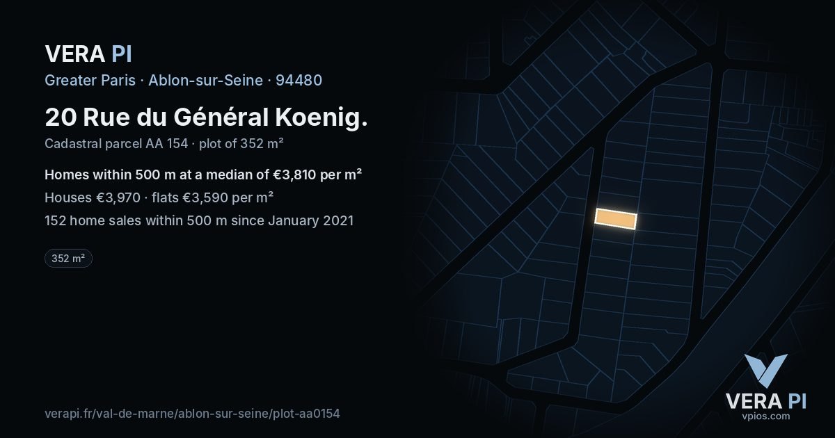20 Rue du Général Koenig, Ablon-sur-Seine at night – the plot lit, the parcels around coloured by the prices near them