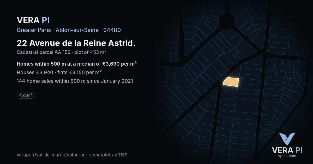 22 Avenue de la Reine Astrid, Ablon-sur-Seine at night – the plot lit, the parcels around coloured by the prices near them