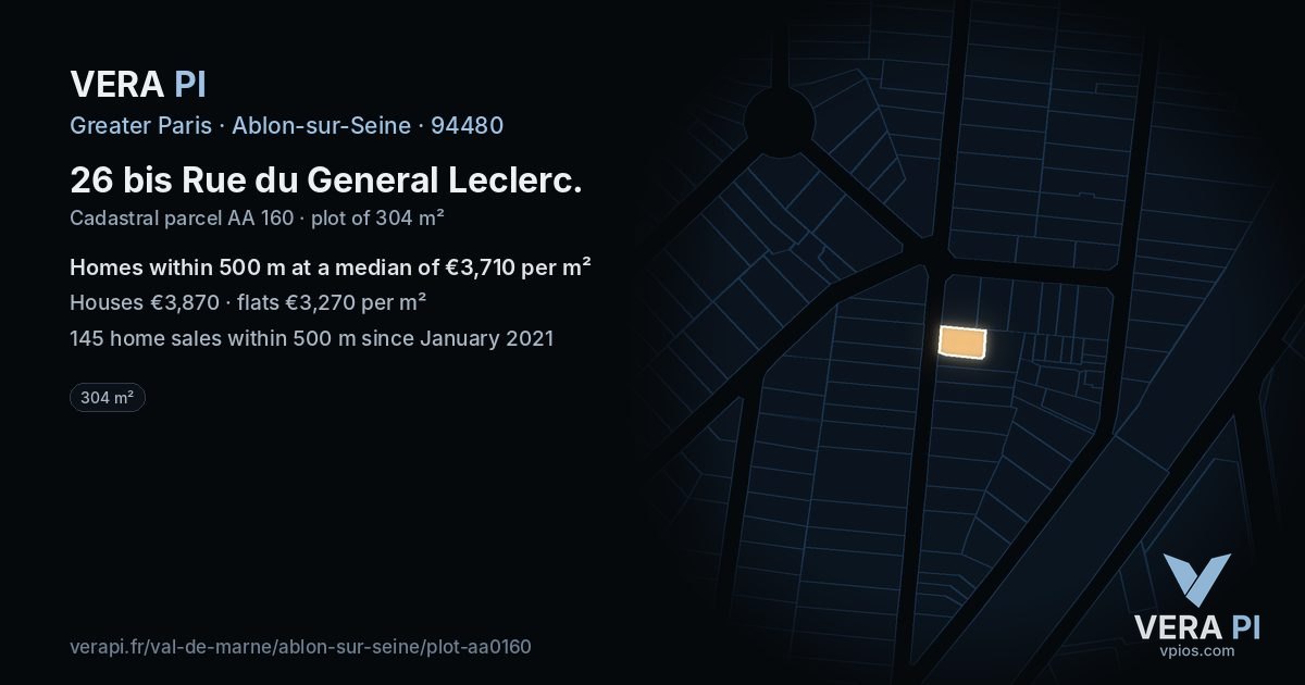 26 bis Rue du General Leclerc, Ablon-sur-Seine at night – the plot lit, the parcels around coloured by the prices near them