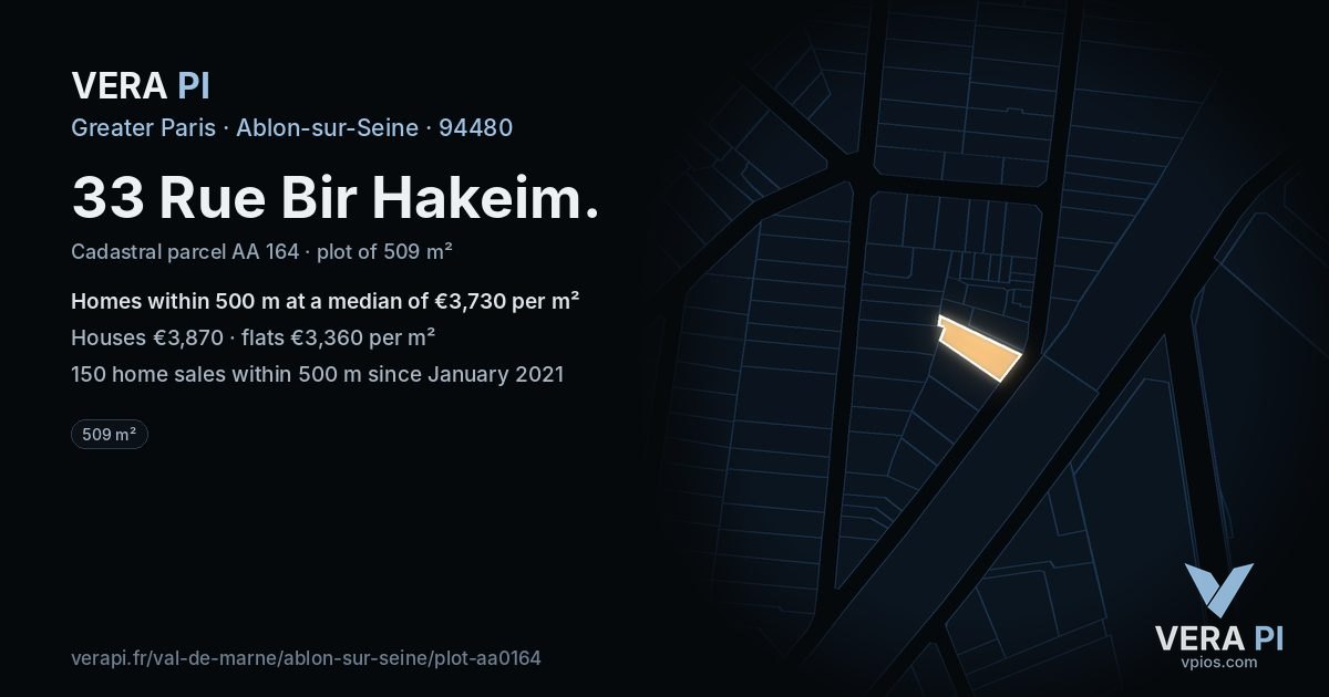 33 Rue Bir Hakeim, Ablon-sur-Seine at night – the plot lit, the parcels around coloured by the prices near them