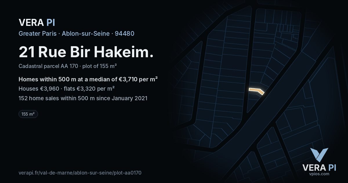 21 Rue Bir Hakeim, Ablon-sur-Seine at night – the plot lit, the parcels around coloured by the prices near them