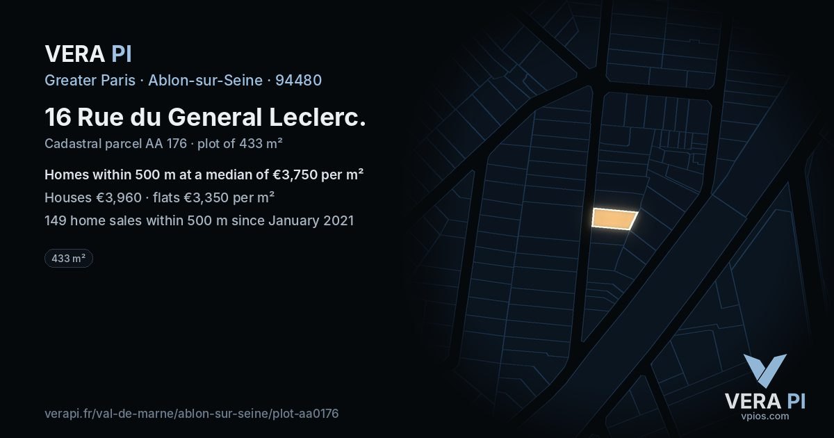 16 Rue du General Leclerc, Ablon-sur-Seine at night – the plot lit, the parcels around coloured by the prices near them