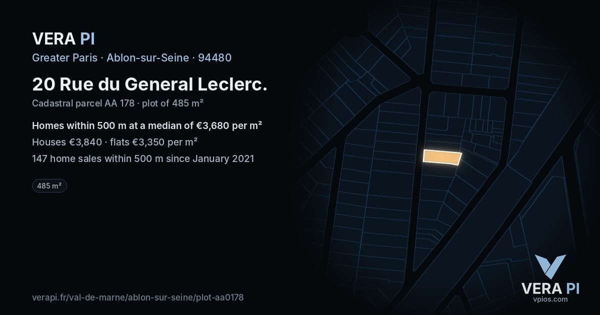 20 Rue du General Leclerc, Ablon-sur-Seine at night – the plot lit, the parcels around coloured by the prices near them