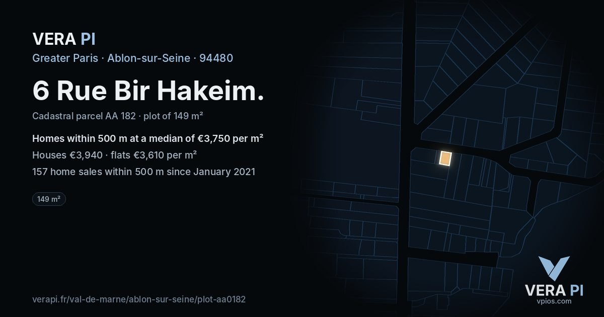 6 Rue Bir Hakeim, Ablon-sur-Seine at night – the plot lit, the parcels around coloured by the prices near them