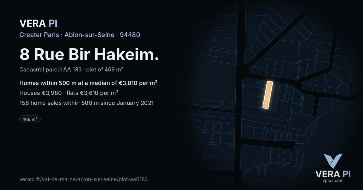 8 Rue Bir Hakeim, Ablon-sur-Seine at night – the plot lit, the parcels around coloured by the prices near them