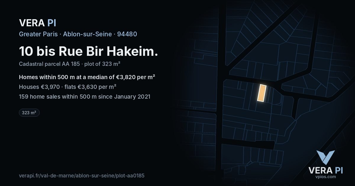 10 bis Rue Bir Hakeim, Ablon-sur-Seine at night – the plot lit, the parcels around coloured by the prices near them