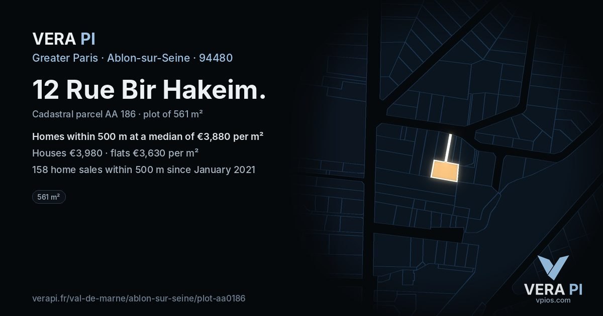 12 Rue Bir Hakeim, Ablon-sur-Seine at night – the plot lit, the parcels around coloured by the prices near them