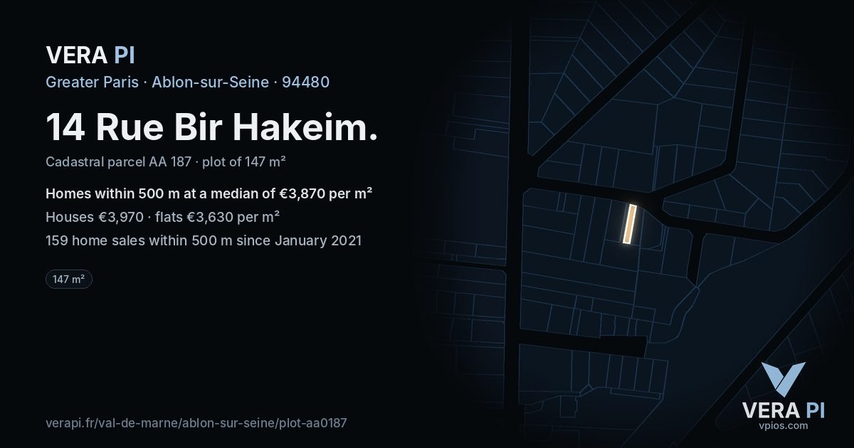 14 Rue Bir Hakeim, Ablon-sur-Seine at night – the plot lit, the parcels around coloured by the prices near them