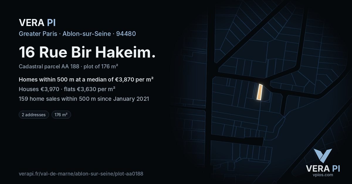 16 Rue Bir Hakeim, Ablon-sur-Seine at night – the plot lit, the parcels around coloured by the prices near them
