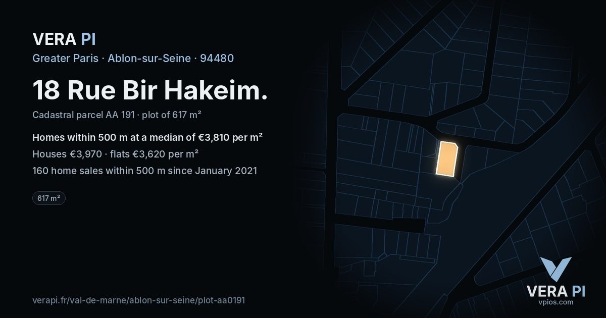 18 Rue Bir Hakeim, Ablon-sur-Seine at night – the plot lit, the parcels around coloured by the prices near them