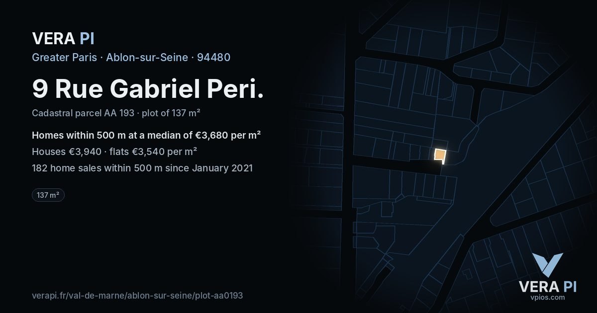 9 Rue Gabriel Peri, Ablon-sur-Seine at night – the plot lit, the parcels around coloured by the prices near them