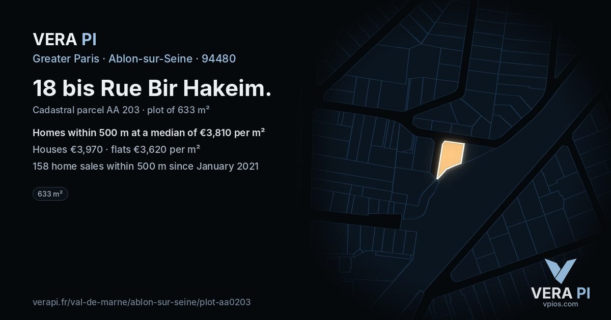 18 bis Rue Bir Hakeim, Ablon-sur-Seine at night – the plot lit, the parcels around coloured by the prices near them