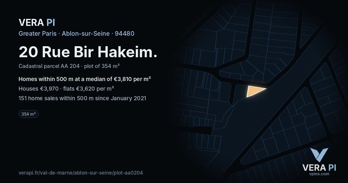 20 Rue Bir Hakeim, Ablon-sur-Seine at night – the plot lit, the parcels around coloured by the prices near them