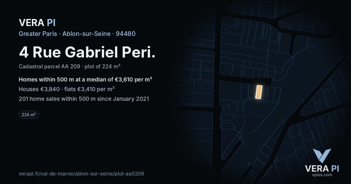 4 Rue Gabriel Peri, Ablon-sur-Seine at night – the plot lit, the parcels around coloured by the prices near them