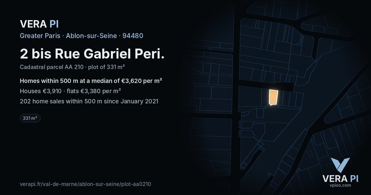 2 bis Rue Gabriel Peri, Ablon-sur-Seine at night – the plot lit, the parcels around coloured by the prices near them