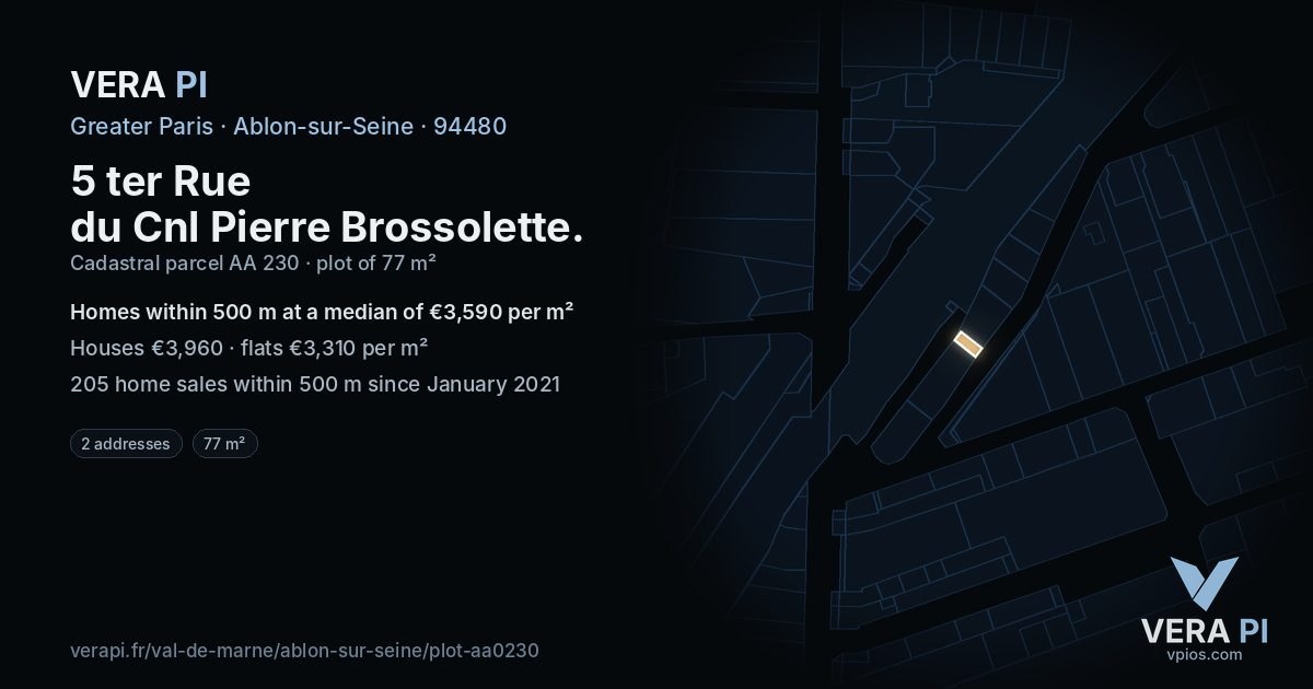 5 ter Rue du Cnl Pierre Brossolette, Ablon-sur-Seine at night – the plot lit, the parcels around coloured by the prices near them