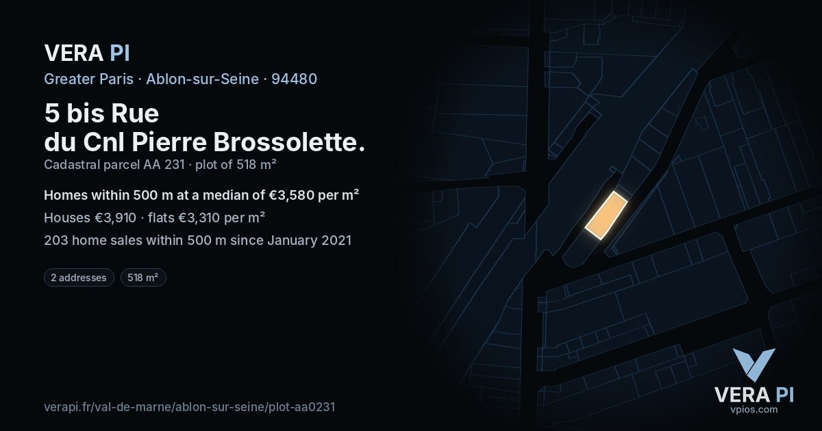 5 bis Rue du Cnl Pierre Brossolette, Ablon-sur-Seine at night – the plot lit, the parcels around coloured by the prices near them