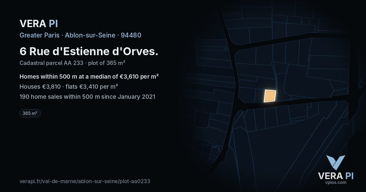 6 Rue d'Estienne d'Orves, Ablon-sur-Seine at night – the plot lit, the parcels around coloured by the prices near them