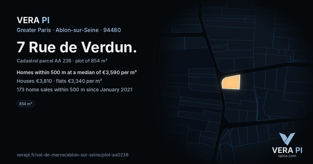 7 Rue de Verdun, Ablon-sur-Seine at night – the plot lit, the parcels around coloured by the prices near them