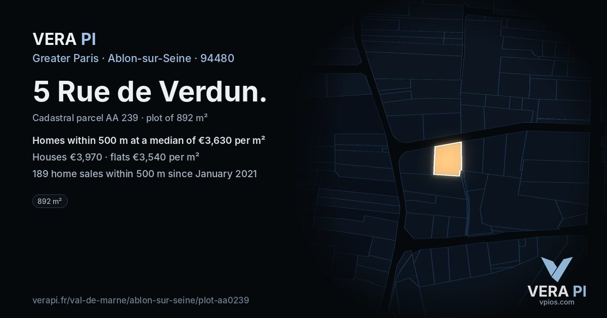 5 Rue de Verdun, Ablon-sur-Seine at night – the plot lit, the parcels around coloured by the prices near them