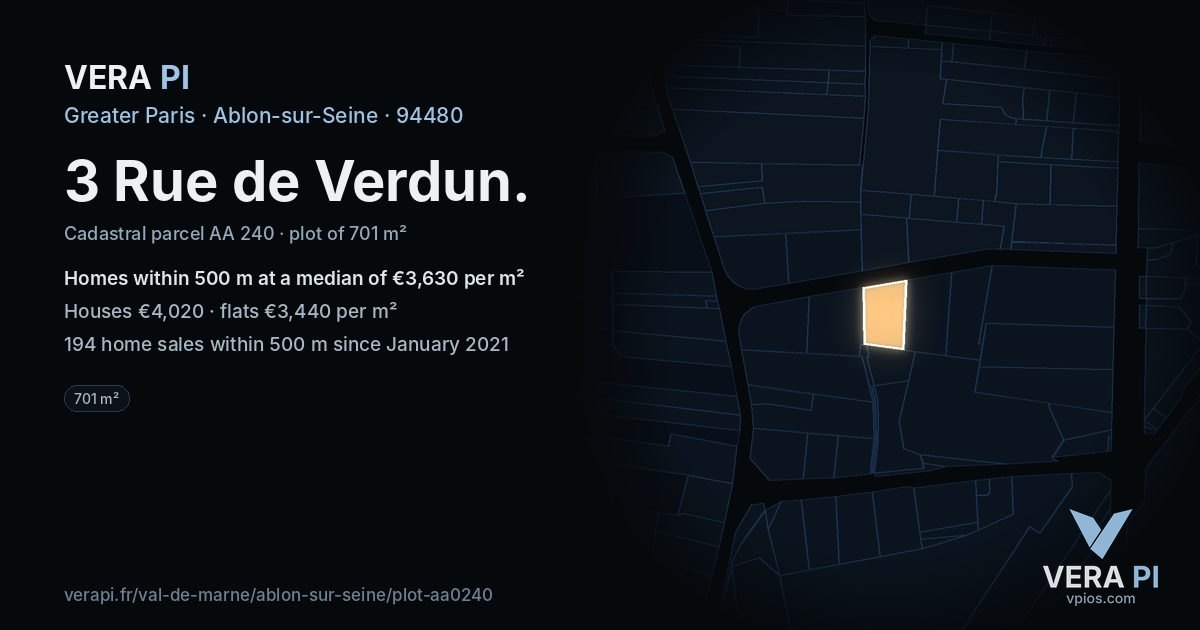 3 Rue de Verdun, Ablon-sur-Seine at night – the plot lit, the parcels around coloured by the prices near them