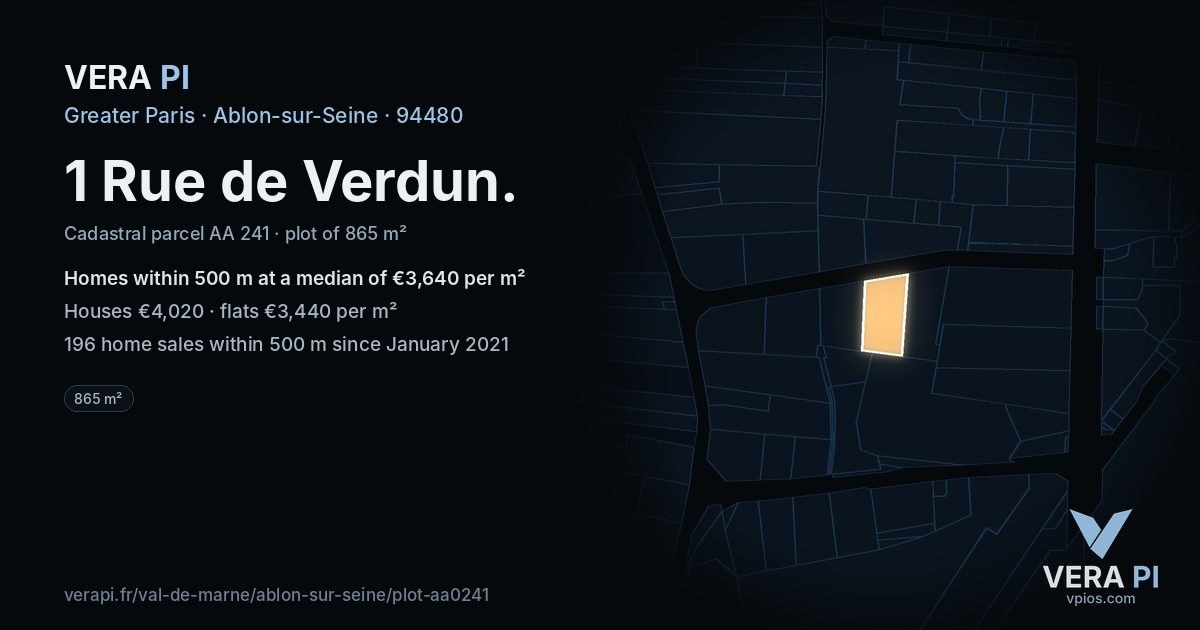 1 Rue de Verdun, Ablon-sur-Seine at night – the plot lit, the parcels around coloured by the prices near them