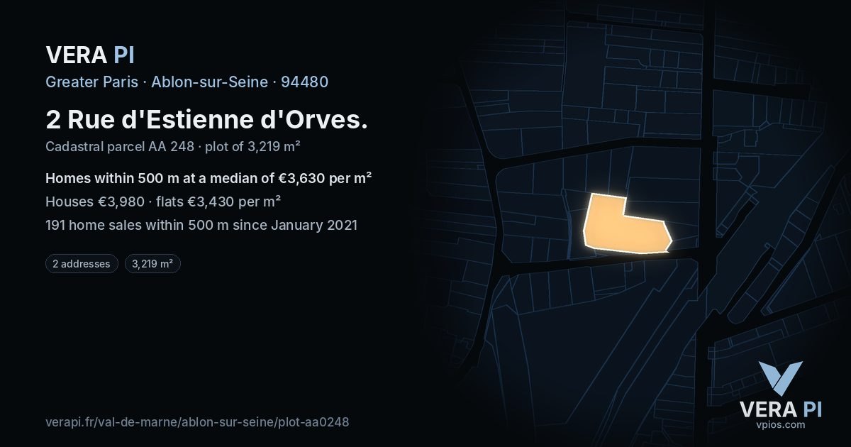 2 Rue d'Estienne d'Orves, Ablon-sur-Seine at night – the plot lit, the parcels around coloured by the prices near them