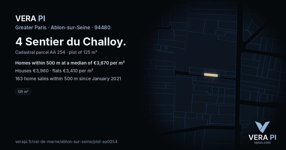4 Sentier du Challoy, Ablon-sur-Seine at night – the plot lit, the parcels around coloured by the prices near them