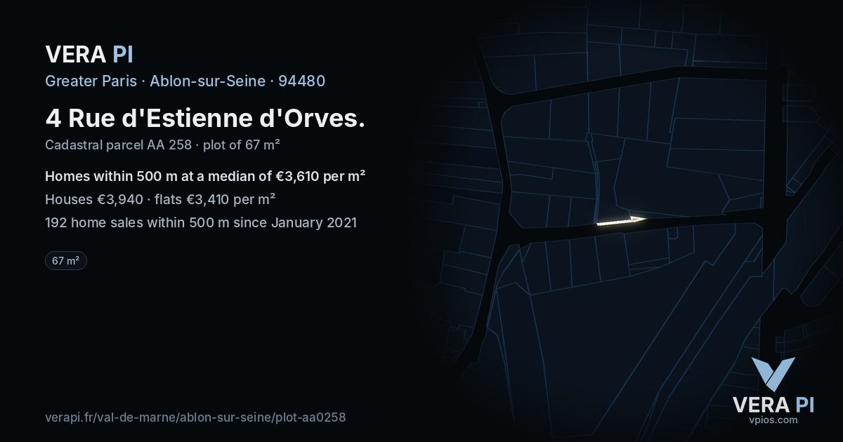 4 Rue d'Estienne d'Orves, Ablon-sur-Seine at night – the plot lit, the parcels around coloured by the prices near them