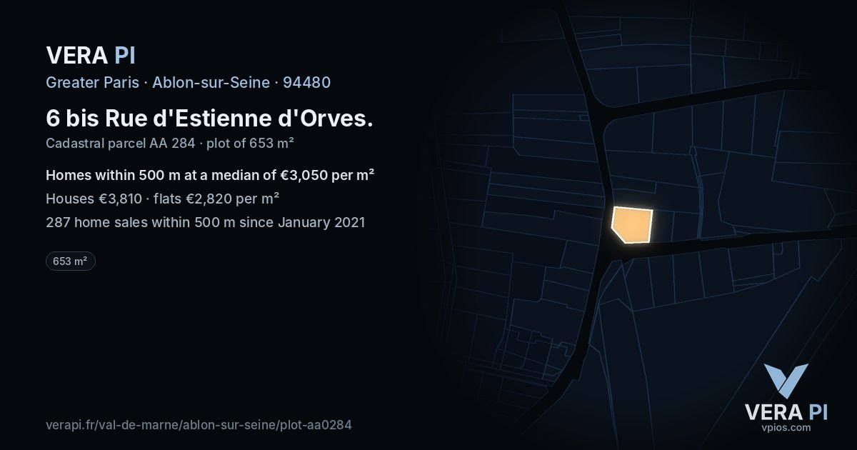 6 bis Rue d'Estienne d'Orves, Ablon-sur-Seine at night – the plot lit, the parcels around coloured by the prices near them