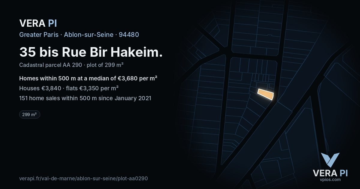 35 bis Rue Bir Hakeim, Ablon-sur-Seine at night – the plot lit, the parcels around coloured by the prices near them