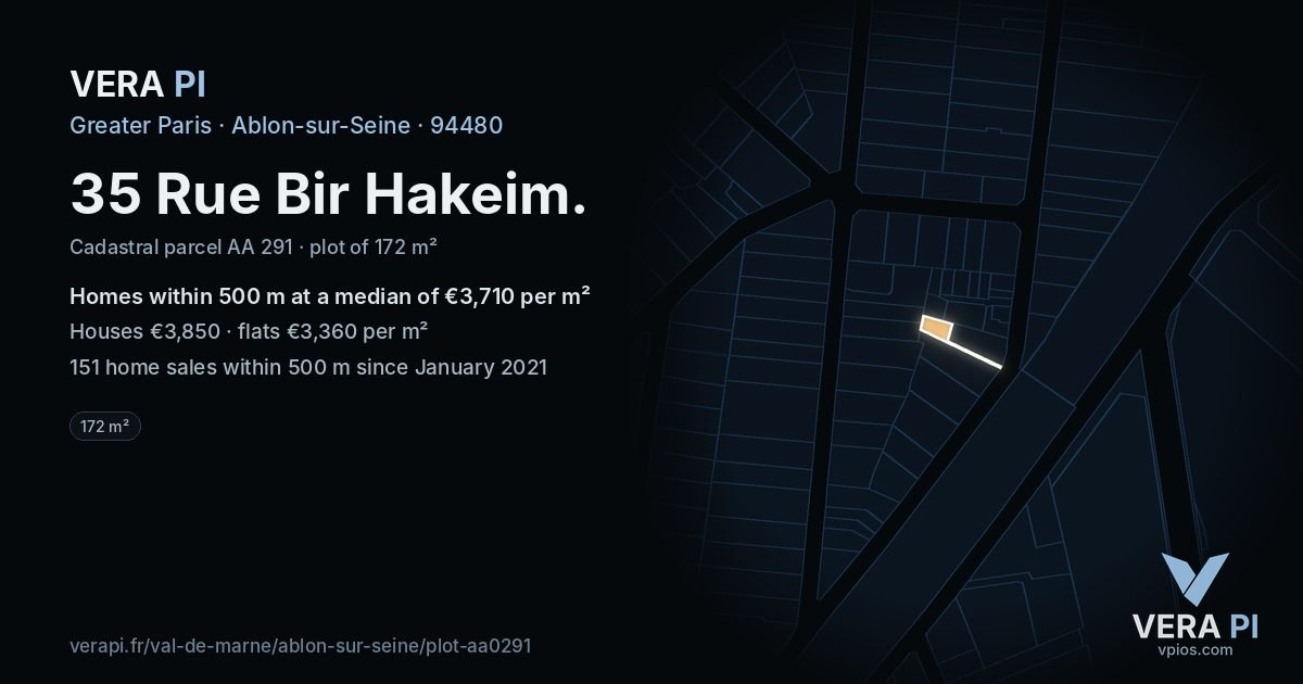 35 Rue Bir Hakeim, Ablon-sur-Seine at night – the plot lit, the parcels around coloured by the prices near them