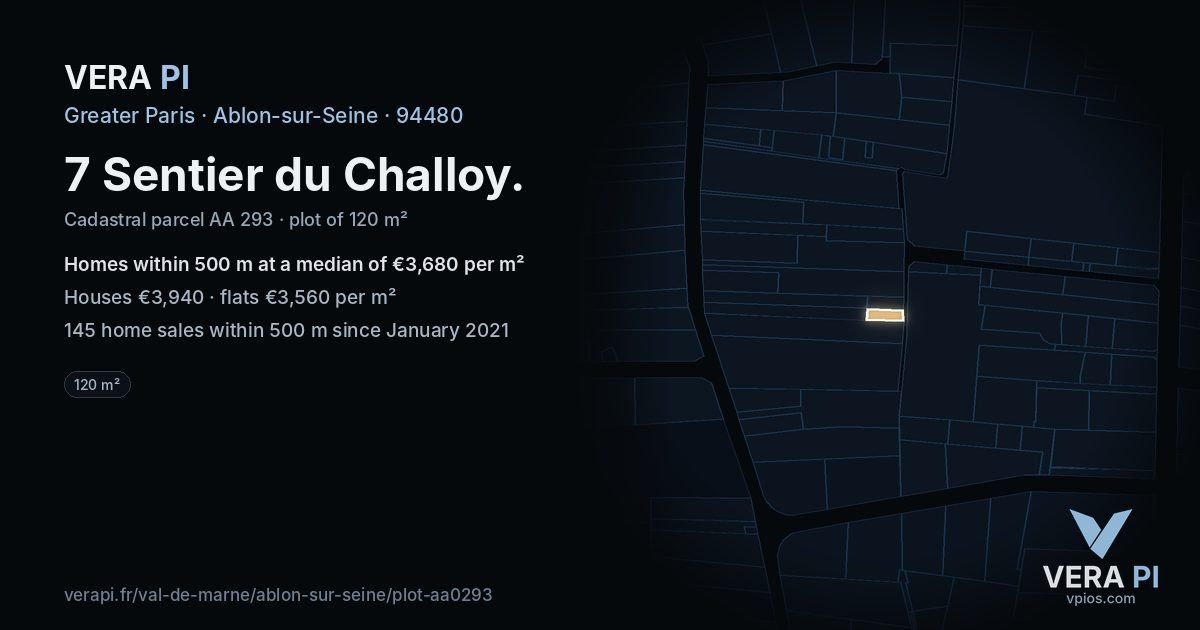 7 Sentier du Challoy, Ablon-sur-Seine at night – the plot lit, the parcels around coloured by the prices near them