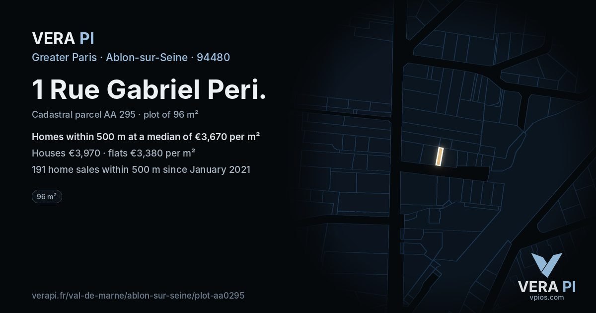 1 Rue Gabriel Peri, Ablon-sur-Seine at night – the plot lit, the parcels around coloured by the prices near them